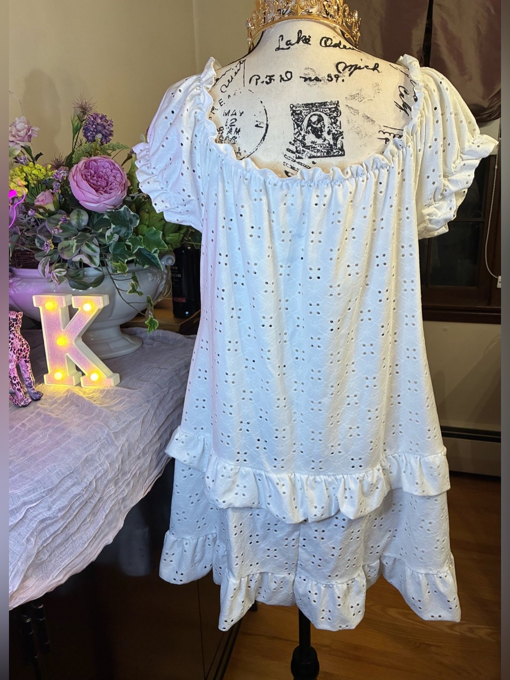 SHEIN Curve White Eyelet Off Shoulder Ruffle Mini Dress 4XL US 20 Boho - Picture 16 of 16